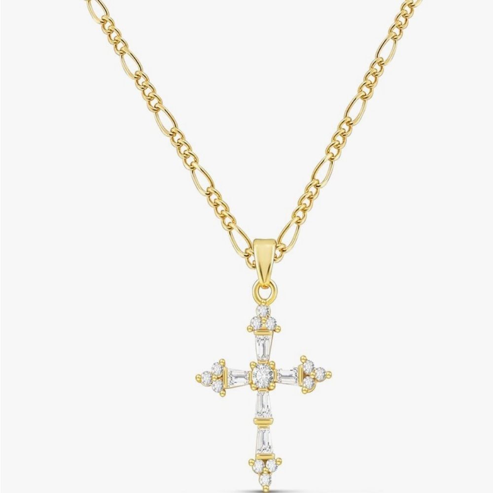 14K Gold Plated Cross Pendant Necklace Dainty Chain Simulated Diamond Preppy - Picture 2 of 6